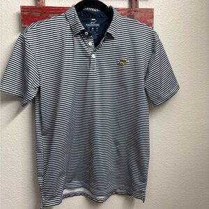 Black and White Striped Polo Shirt with Color Block Accent‎